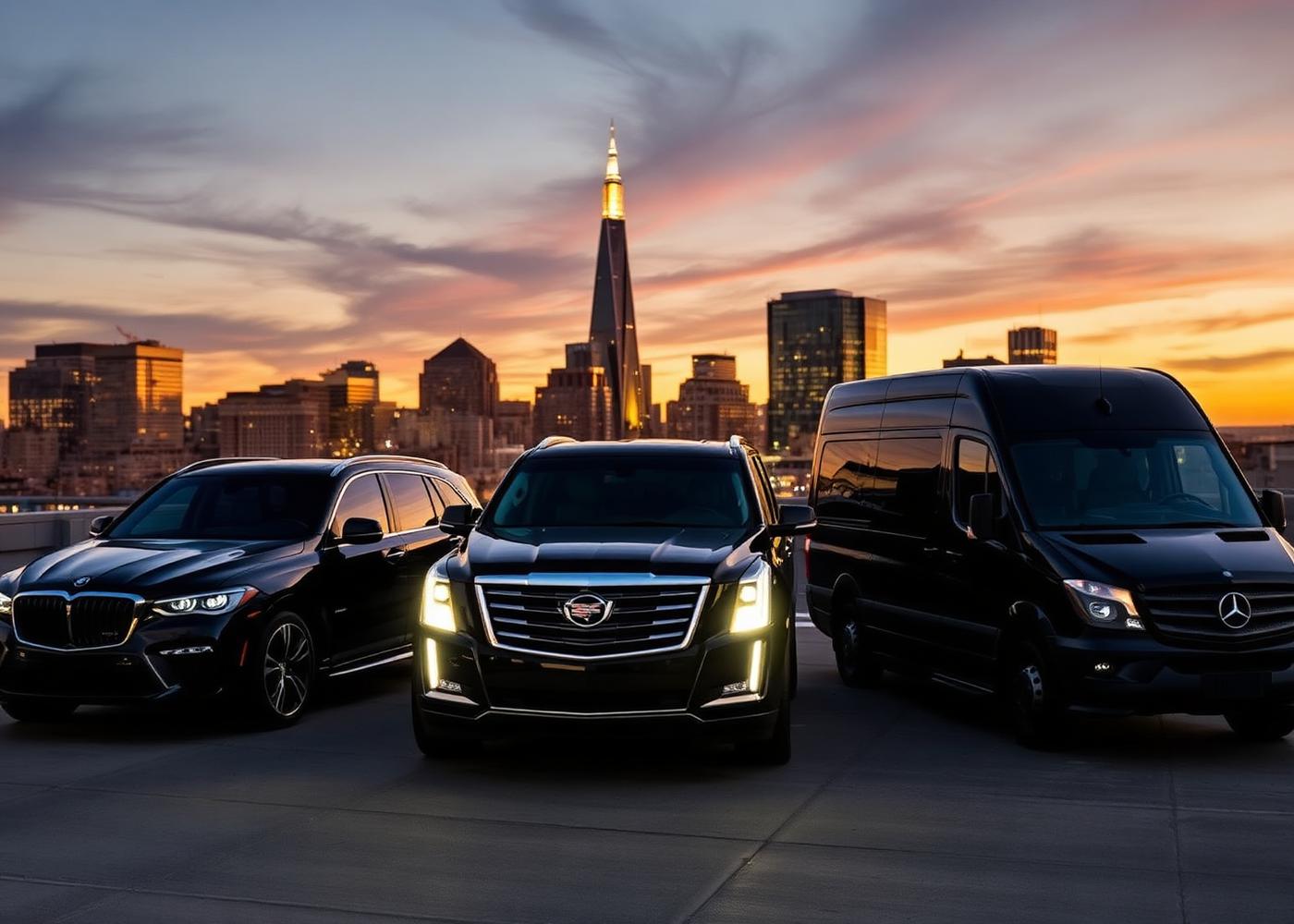 Fast Wheels fleet lined up in front of a Boston skyline at dusk